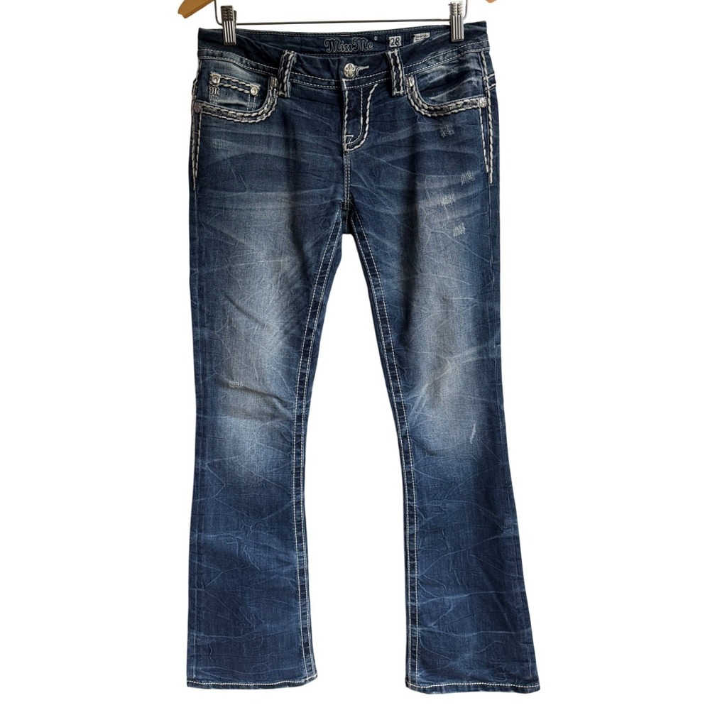 Miss Me Signature Bootcut Jeans‎ Medium Wash Thick Stitch Embellished 28